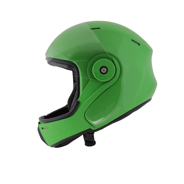 Tonfly TFX Fullface Skydiving Helmet, color green. Shown from the side