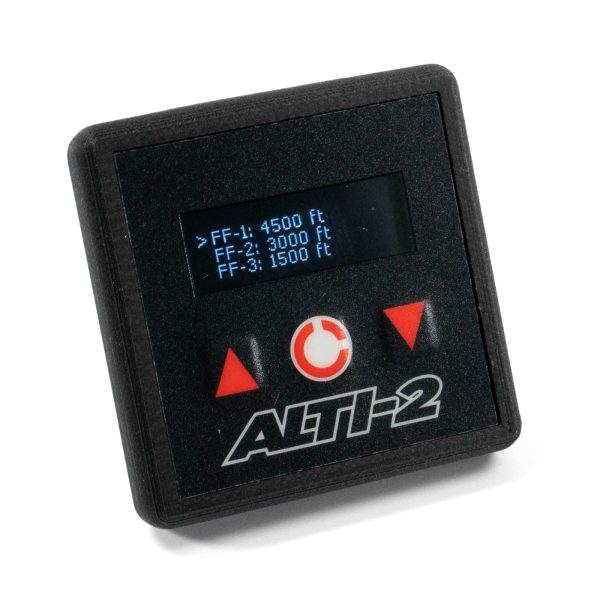 Alti-2 Mercury Crimson audible skydiving altimeter with black case and red buttons. Shown from the front