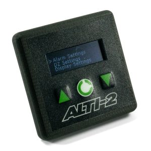 Alti-2 Mercury Jade audible skydiving altimeter with black case and green buttons. Shown from the back