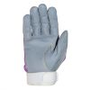Akando Ultimate Gloves with purple top and grey leather bottom. Shown from the bottom