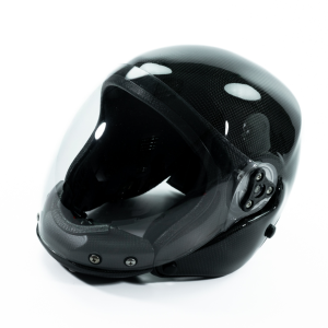 Fusion skydiving helmet made by Bonehead. Black helmet made form carbon fiber shown from the side with closed visor