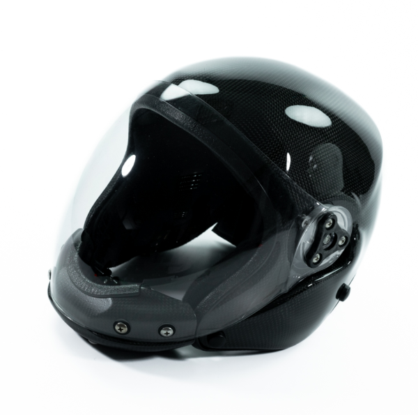 Fusion skydiving helmet made by Bonehead. Black helmet made form carbon fiber shown from the side with closed visor