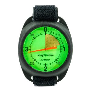 Barigo analog altimeter, 4000 meters fluorescent dial and black case. Velcro mounting. Shown from the front 1