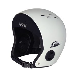 Gath Neo open face skydiving helmet, white color. Shown from the side