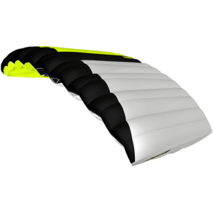 Lazy Lover Student Canopy made by JYRO. Center Rib is black, the rest are white and neon yellow. Shown from the side