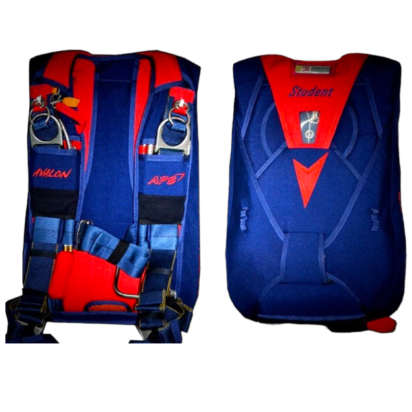 Avalon Student Skydiving Container, dark blue with red elements. Shown from the back and front
