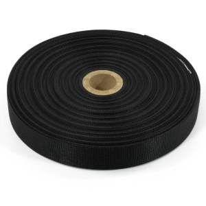 Square Weave 1 inch tape, black. Shown on a roll