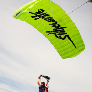 Performance Designs Silhouette canopy. Shown from the bottom and back during flight.