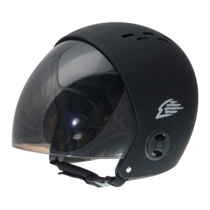 Gath RV open face skydiving helmet with visor, black color. Shown from the side