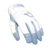 AKANDO PREMIUM WINTER GLOVES with white top and light blue leather on the bottom. Shown from the front