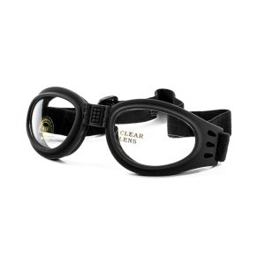 Blaze Goggles, clear with black strap. Foldable. Shown from the front
