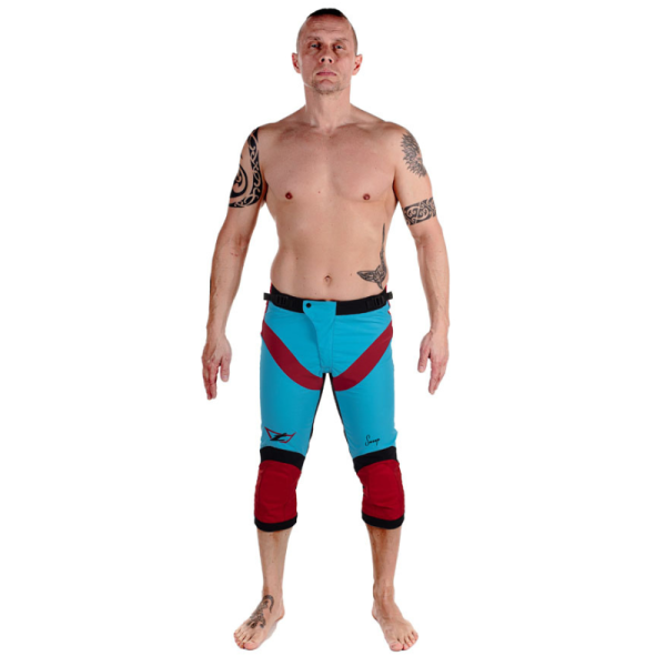 Tonfly Swoop Pants Skydiving Pants. Blue and red. Shown on model