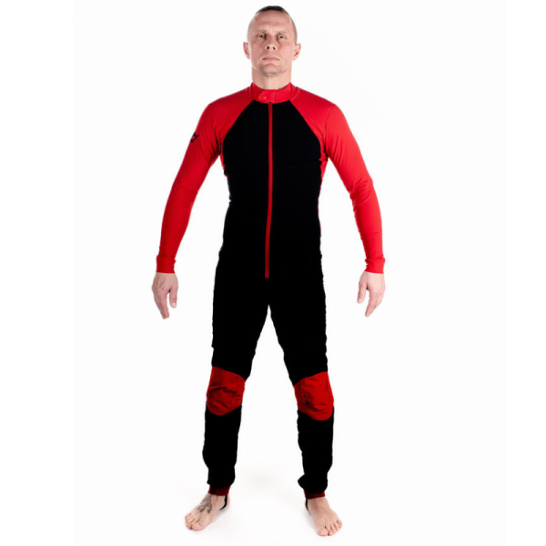 Tonfly VFS Skydiving Suit. Black and red. Shown on a model