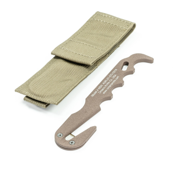 Ontario Knife Strap Cutter shown with the tan pouch