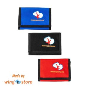 Wallets made by wingstore, With logo on them. 3 colors, blue, black and red