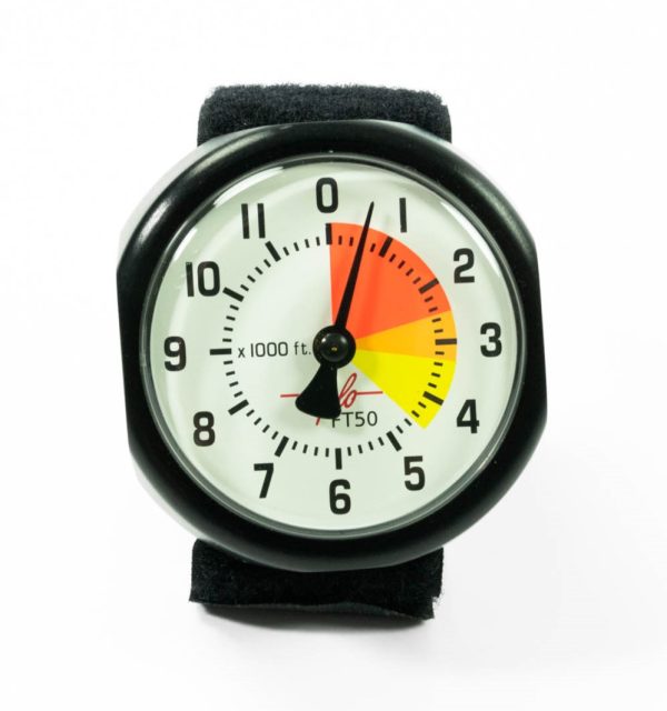 Viplo FT50 Analog Altimeter, 12000 feet white dial, with black case and Velcro mount. Shown from the front