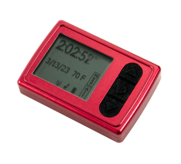 Alti-2 Atlas 2 altimeter with red case and black buttons.