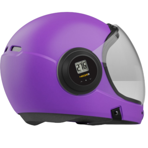Parasport Italia ZX IAS Fullface helmet with an altimeter installed inside of it. Shown from the back with closed visor. Purple color