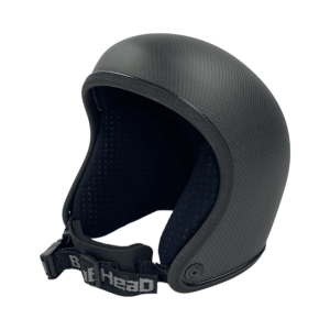 Bonehead Allsport open face skydiving helmet. Black Carbon color shown from the side