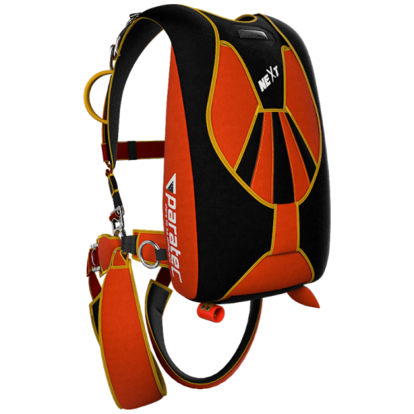 Paratec Tandem Century skydiving container. Shown from the side. Black and orange colors.