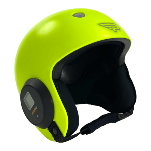 Parasport Italia Fairwind XPS IAS skydiving helmet shown from the front. It has a NeoXs 3 audible altimeter installed. Color: Yellow