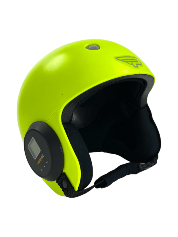 Parasport Italia Fairwind XPS IAS skydiving helmet shown from the front. It has a NeoXs 3 audible altimeter installed. Color: Yellow
