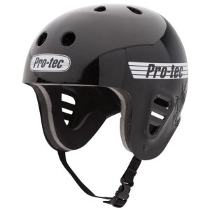 Open Face helmet made by Pro-Tec. Color: black with white stripes and logo on the sides and on the front. Shown from the frontside