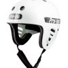 Open Face helmet made by Pro-Tec. Color: white with black stripes and logo on the sides and on the front. Shown from the frontside