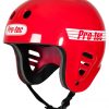 Open Face helmet made by Pro-Tec. Color: red with white stripes and logo on the sides and on the front. Shown from the frontside