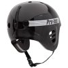 Open Face helmet made by Pro-Tec. Color: Black with white stripes and logo on the sides. Shown from the back