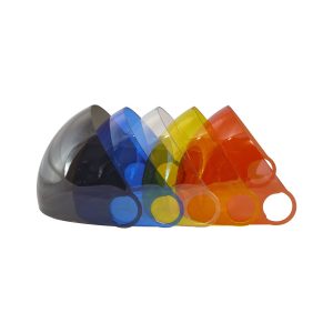 Gath RV replacement visors, different colors. From left tinted, blue, clear, yellow, orange