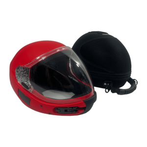 Square1 Kiss skydiving fullface helmet shown from the side with closed visor. Sold with hard helmet case. Color Red