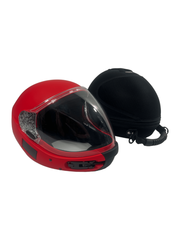Square1 Kiss skydiving fullface helmet shown from the side with closed visor. Sold with hard helmet case. Color Red