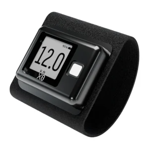 AON2 X0 Altimeter in black coloring with elastic wrist band. It has a large paper screen and one white button