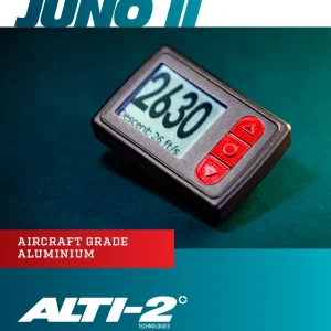 Juno II digital altimeter made by ALTI-2. Black case, red buttons on the right side and a screen on the left side