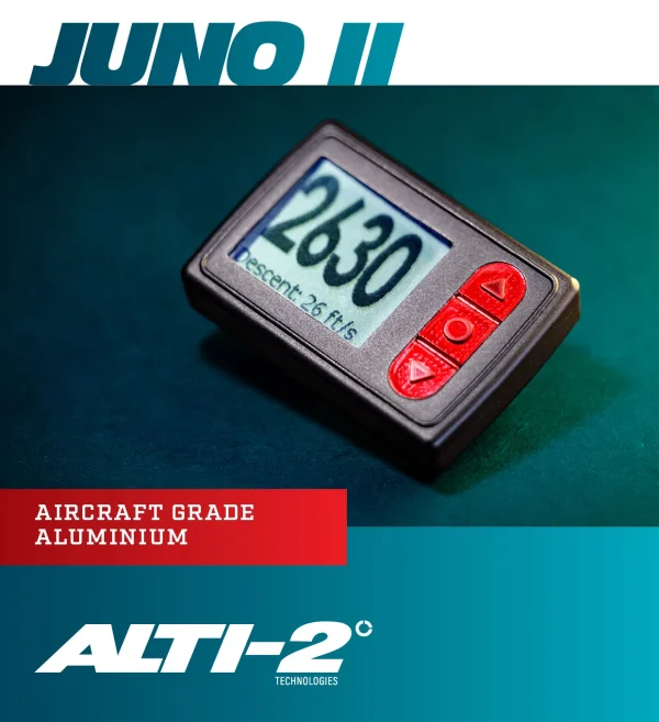 Juno II digital altimeter made by ALTI-2. Black case, red buttons on the right side and a screen on the left side