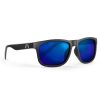 Birdz Alpha Omega 6 Sunglasses with black frame and polarized blue lenses. Alpha Omega Logo is printed on the side of the frame