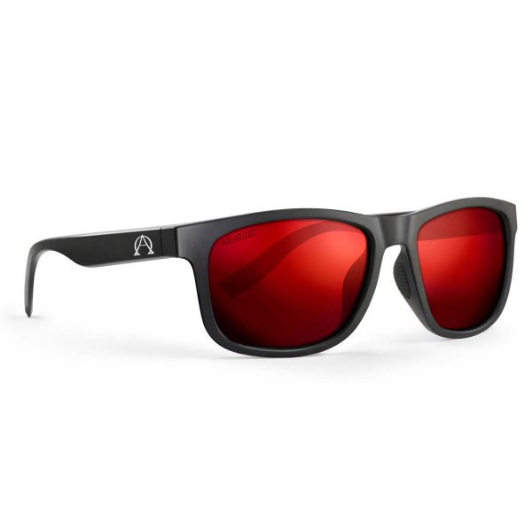 Birdz Alpha Omega 6 Sunglasses with black frame and polarized red lenses. Alpha Omega Logo is printed on the side of the frame