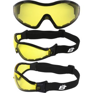 Birdz Boogie Goggles, with Yellow lenses. Picture shows them from 3 angles