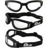 Birdz Cardinal Foldable Goggles, round with clear lenses. Picture shows them from 3 angles