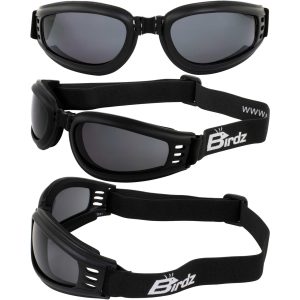 Birdz Cardinal Foldable Goggles, round with smoke lenses. Picture shows them from 3 angles