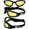 Birdz Cardinal Foldable Goggles, round with yellow lenses. Picture shows them from 3 angles