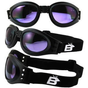 Birdz Parrot Foldable Goggles, round with purple lenses. Picture shows them from 3 angles