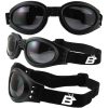 Birdz Parrot Foldable Goggles, round with smoke lenses. Picture shows them from 3 angles