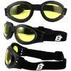 Birdz Parrot Foldable Goggles, round with yellow lenses. Picture shows them from 3 angles