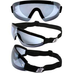 Birdz Wren Goggles, with blue lenses. Picture shows them from 3 angles