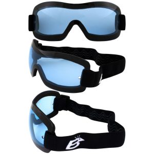 Birdz Wren Goggles, with Blue lenses. Picture shows them from 3 angles
