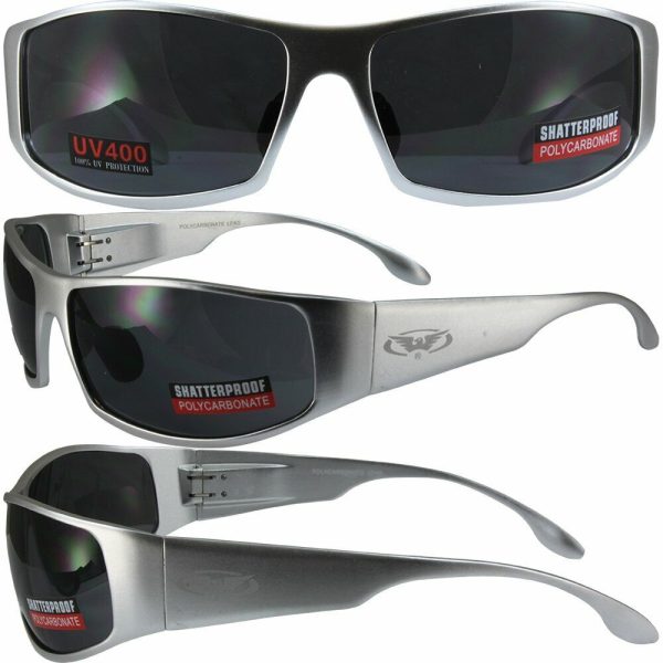 Birdz aluminum sunglasses in silver color, with smoke lenses and eagle engraved on the side of the frame. Shown from three perspectives