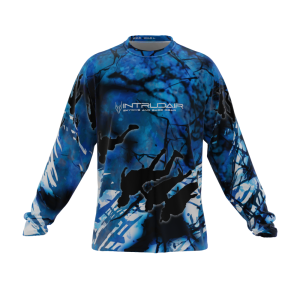 Blue graphic long sleeved jersey shown from the front.