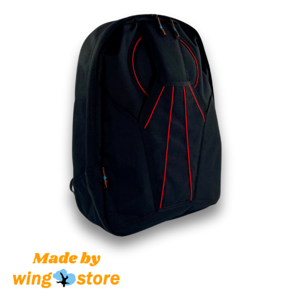 Wingstore black backpack with red pipings. Made from genuine Cordura. Shown from the front.